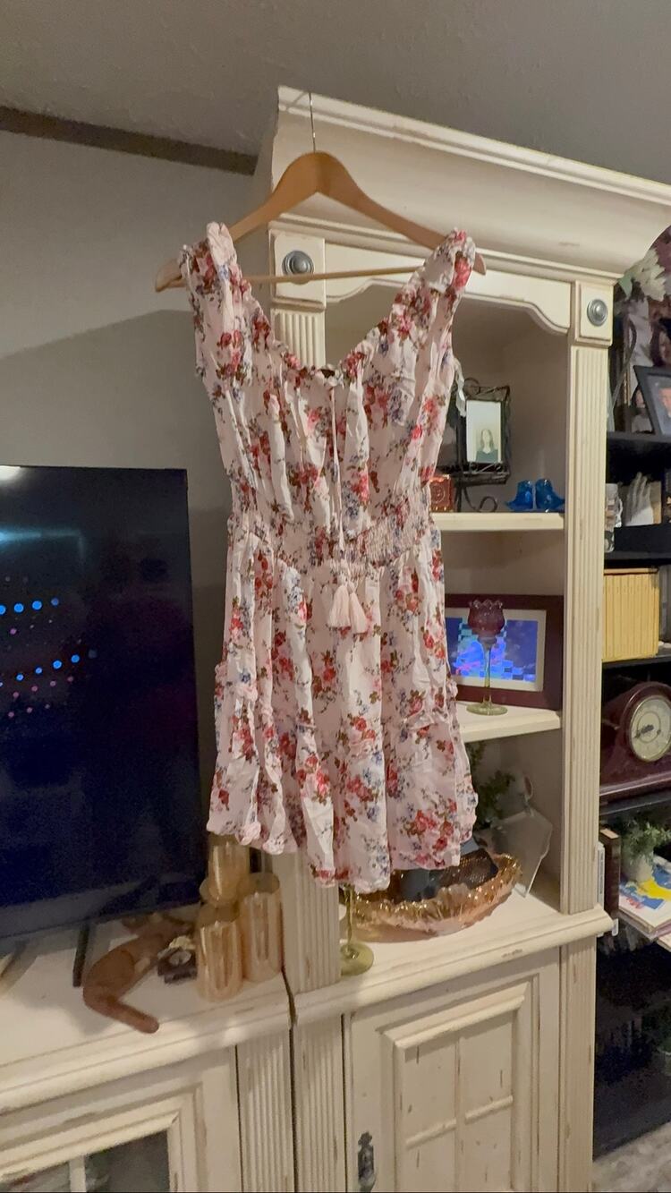 Vendoo title: D.ROSE Pink Floral Ruffle Mini Dress XL Smocked Waist Cottagecore